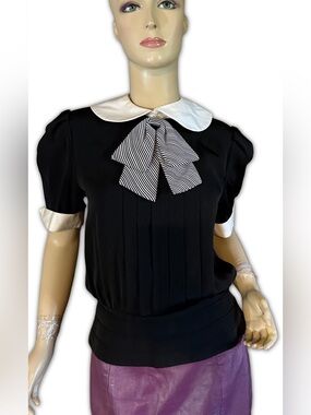 RICHARD WARREN VINTAGE 1980'S BLACK AND WHITE BOW BLOUSON HEM BLOUSE (10)